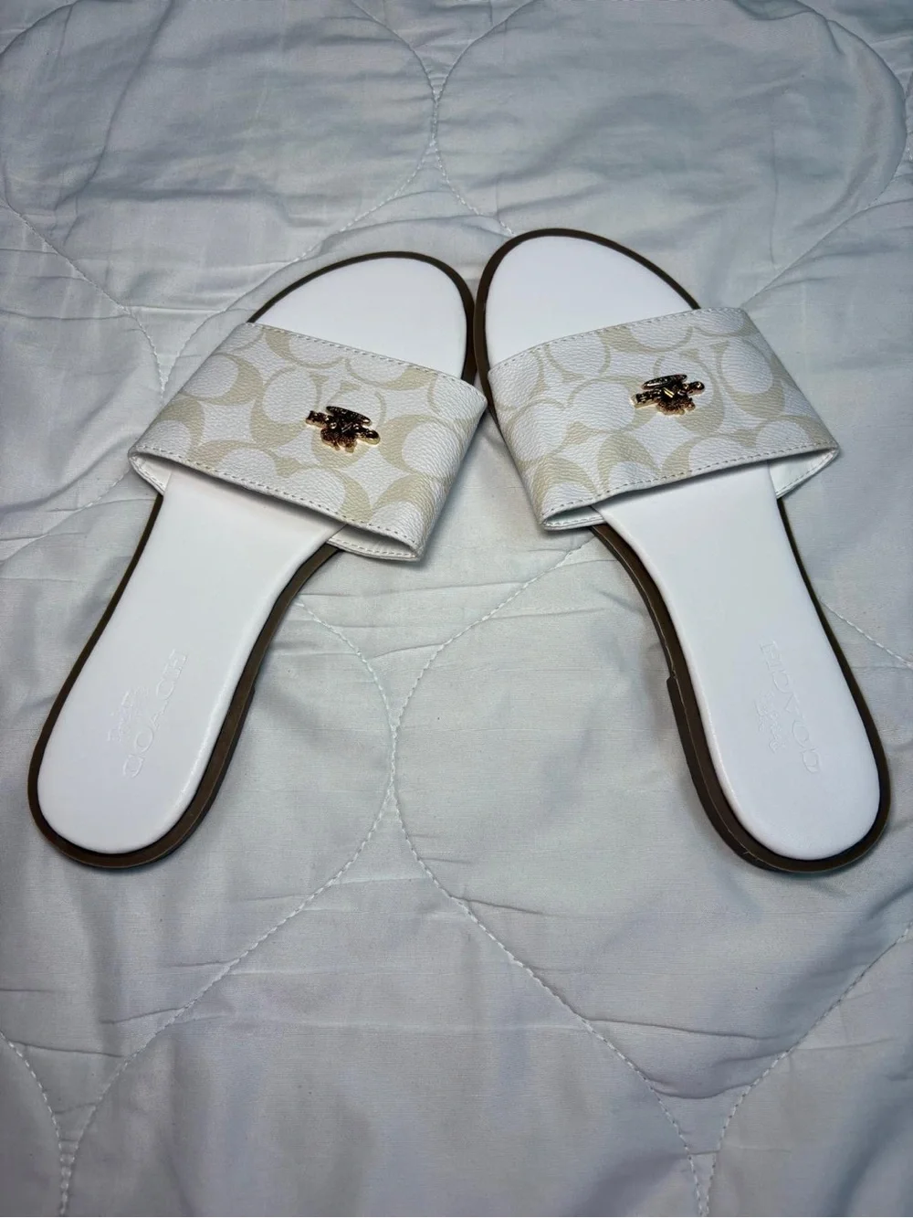 Coach White & Cream Signature Slide Sandals with Gold Logo